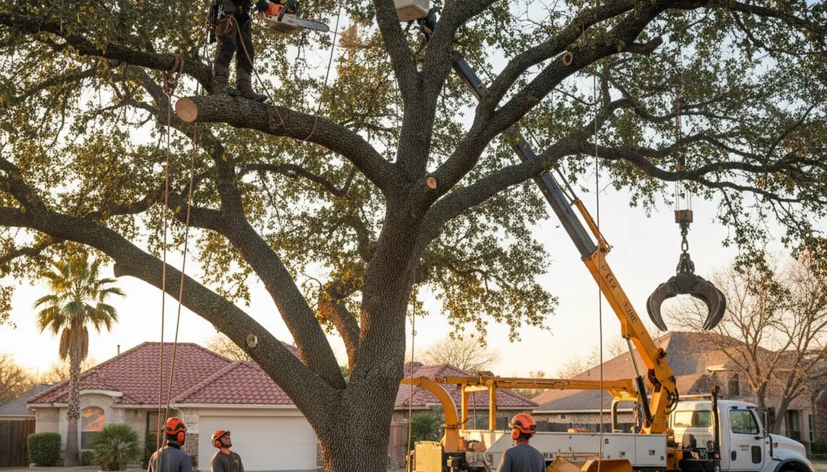 Professional arborists performing safe tree removal with crane in San Antonio, TX