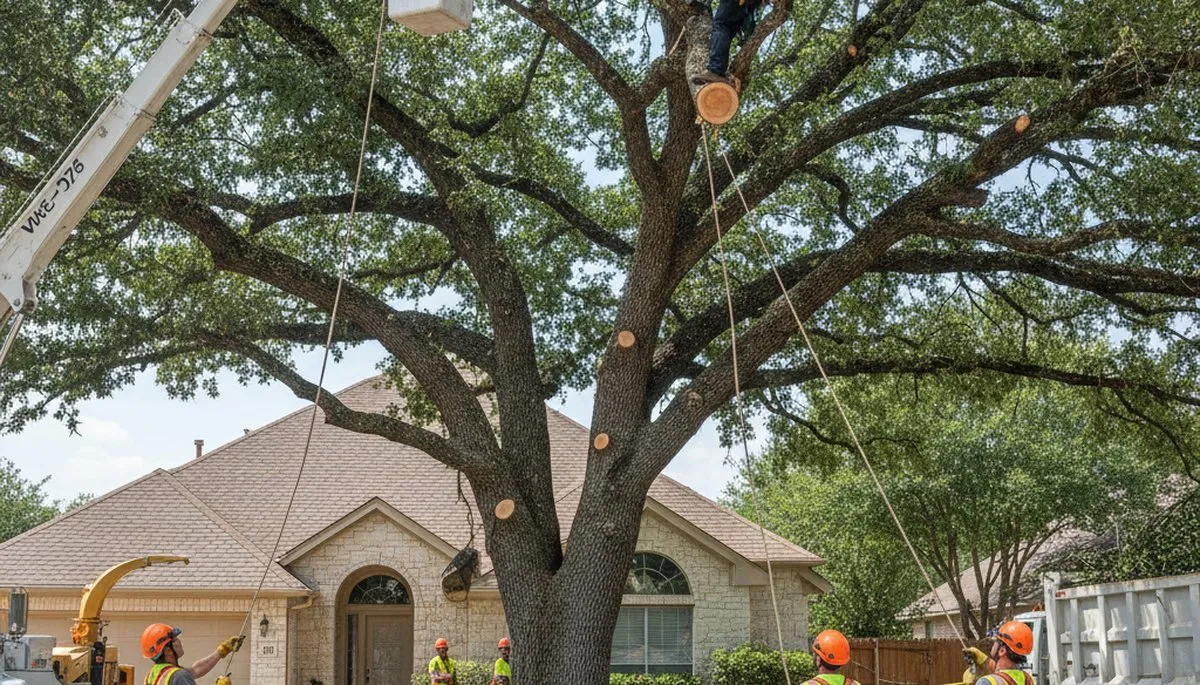 Arborists performing large tree removal with bucket truck in Helotes, San Antonio, TX