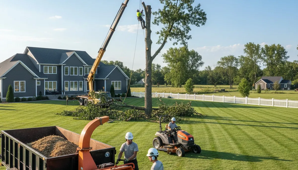 Professional lawn care and tree service team working in San Antonio, TX yard
