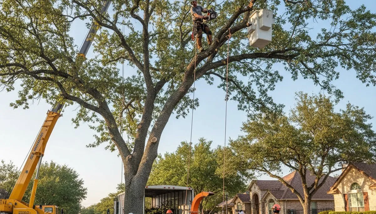 Professional arborists performing safe tree removal in San Antonio, TX with specialized equipment