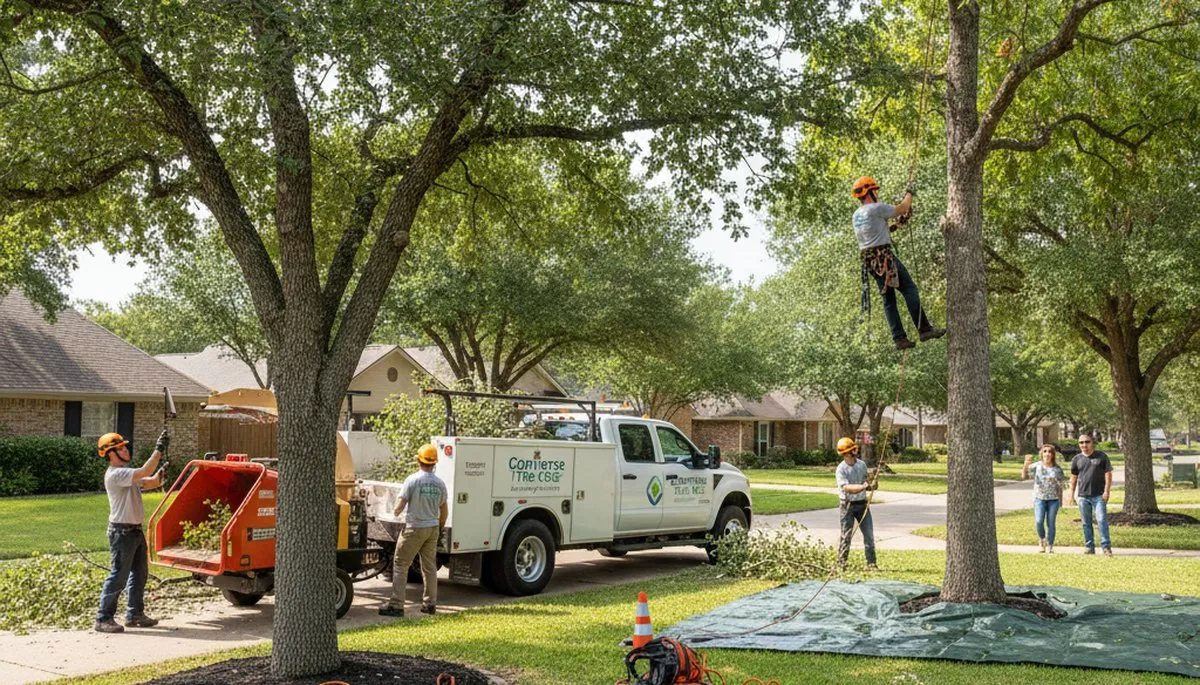 Professional residential tree removal and trimming in Converse, San Antonio, TX neighborhood yards
