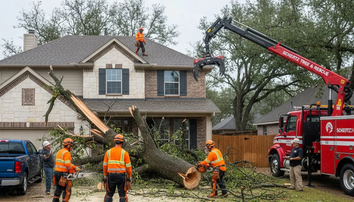 Emergency tree removal crew clearing storm damage in Schertz, TX near San Antonio homes