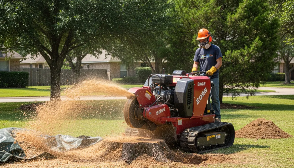 Professional stump grinding removing tree stumps in Converse, San Antonio, TX yard for lawn restoration