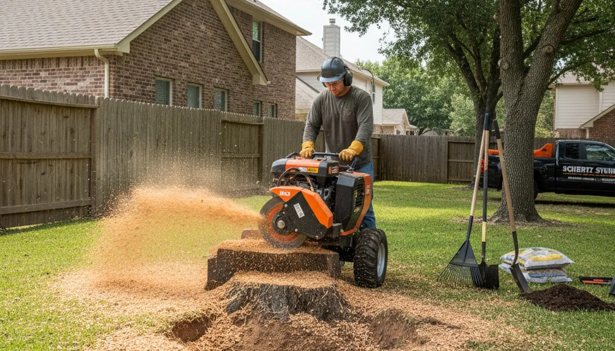Professional stump grinding service removing tree stumps in Schertz, TX near San Antonio for lawn restoration