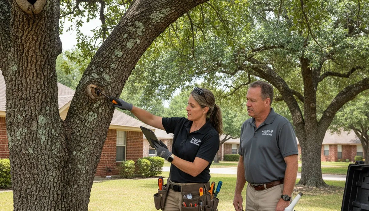 Certified arborist performing tree health assessment in Lackland A F B, San Antonio, TX