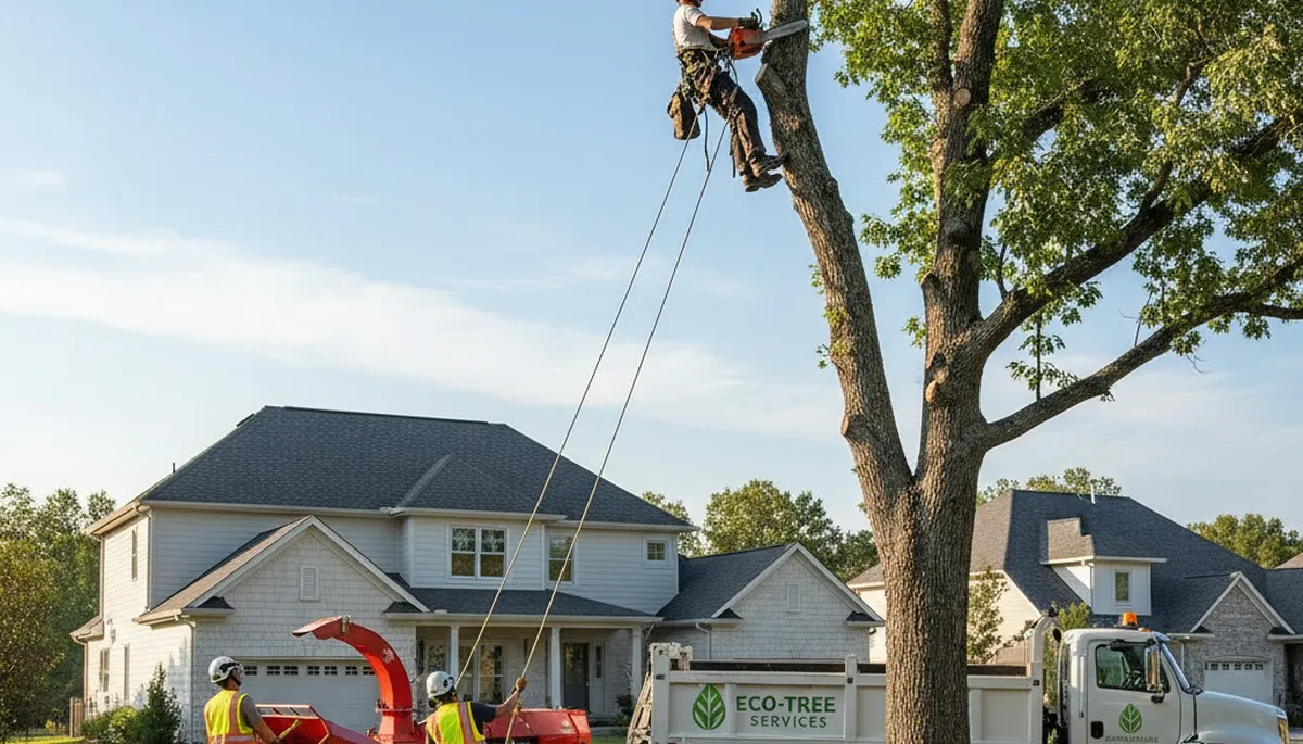 Professional tree removal crew cutting large oak in San Antonio, TX yard safely and efficiently