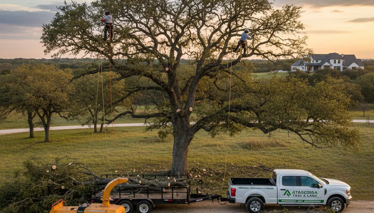 Professional tree removal service in San Antonio TX safely cutting large oak near residential property