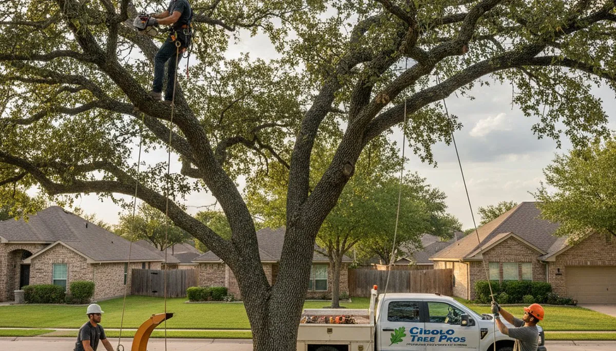 Professional tree removal service in San Antonio TX safely cutting and clearing large oak tree