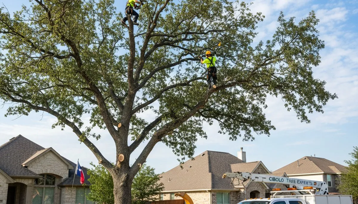 Professional tree removal service in San Antonio TX safely cutting and clearing large oak tree
