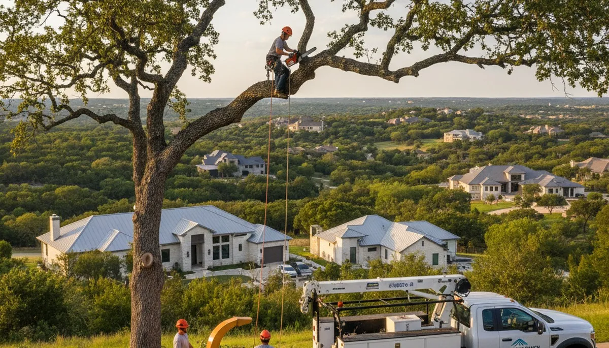 Professional tree removal service in San Antonio TX safely clearing large oak trees