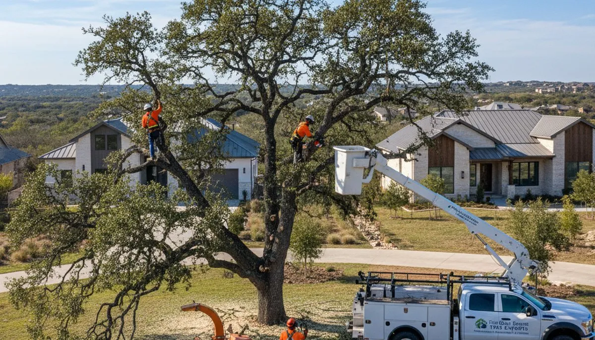 Professional tree removal service in San Antonio TX safely cutting and hauling large oak tree