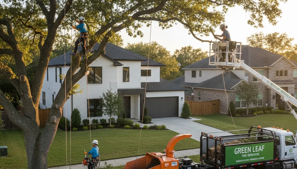 Arborist trimming oak tree branches in San Antonio, TX for Chop Chop Tree professional tree service