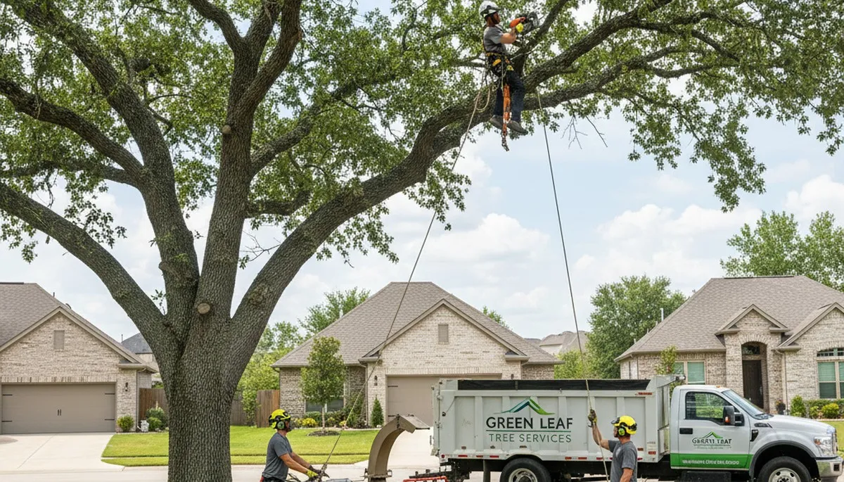 Arborist performing professional tree trimming in San Antonio, TX for residential landscape care