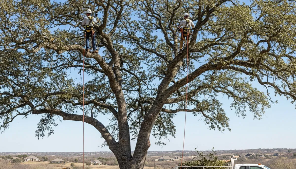Professional tree removal service in San Antonio TX safely cutting down large oak tree
