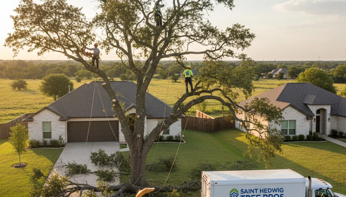 Professional tree removal service crew working safely in San Antonio TX yard